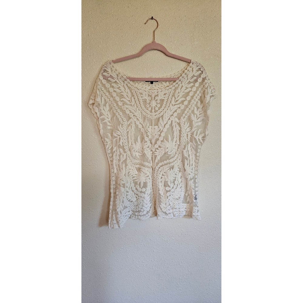 Knapp Studio Ivory Sheer Lace Floral Embroidered Poncho Top Cotton Womens Large